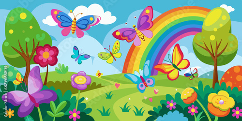 A bright and cheerful scene with butterflies, flowers, a rainbow, and a sunny sky, creating a joyful and playful atmosphere.