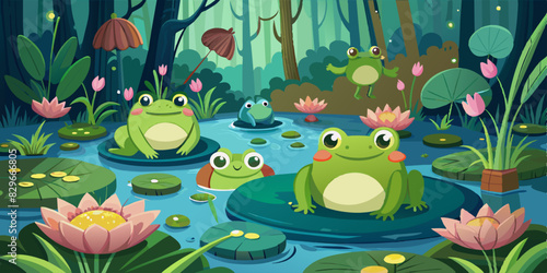 Cartoon frogs sitting on lily pads in a pond, surrounded by water lilies and foliage in a whimsical, vibrant forest setting.
