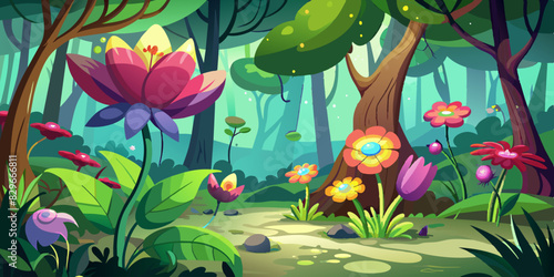  A whimsical forest scene with oversized flowers, lush greenery, and a magical atmosphere, reminiscent of a fairytale setting.