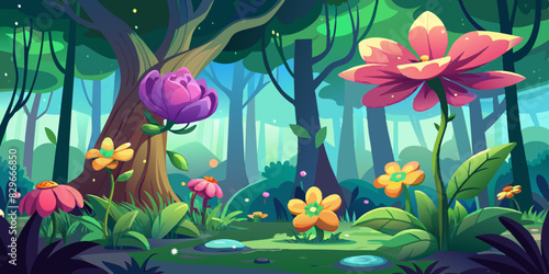  A whimsical forest scene with oversized flowers, lush greenery, and a magical atmosphere, reminiscent of a fairytale setting.