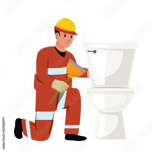 Protective helmet and gloves-clad worker repairing a toilet using a plumber tool