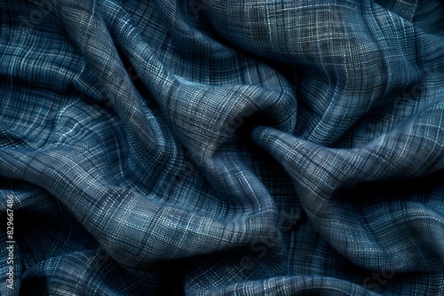 Close up of blue plaid fabric on black background photo