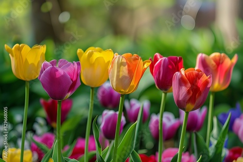 Colorful tulips bloom in lush garden
