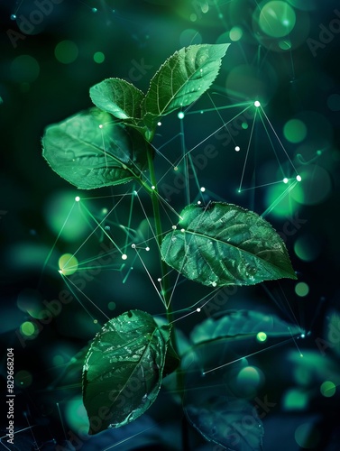A delicate plant grows towards the light in a dark forest. The plant is surrounded by a network of glowing dots  representing the interconnectedness of all living things.
