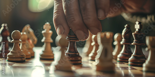 Close-up of a hand of senior moving a chess piece into position on chess board, with other chess pieces on background, copy space.
