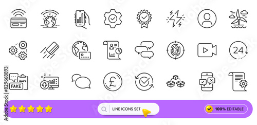 Talk bubble, Pound money and Approved line icons for web app. Pack of Medical analytics, Fingerprint, Report pictogram icons. Windmill, Contactless payment, Fake document signs. Search bar. Vector