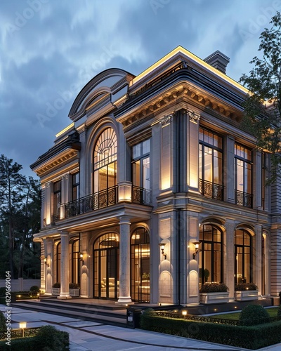 Design a modern classic exterior of a two-story house with a symmetrical facade