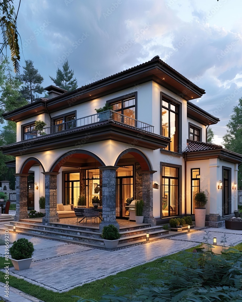 Modern luxury two-story house with a beautiful landscape. The house has a dark roof and white walls with large windows. Modern luxury two-story house with a beautiful landscape. The house has a dark roof and white walls with large windows.