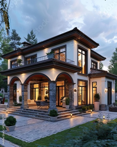 Modern luxury two-story house with a beautiful landscape. The house has a dark roof and white walls with large windows.