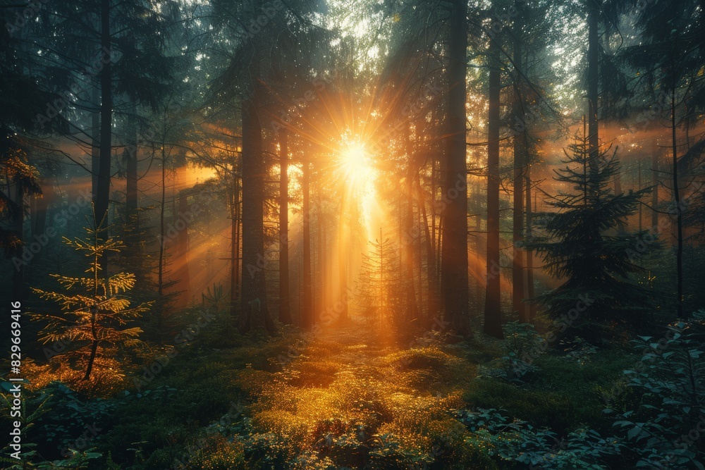 Fototapeta premium Sunlight beams through a foggy forest, illuminating the undergrowth and creating a magical, mystical atmosphere
