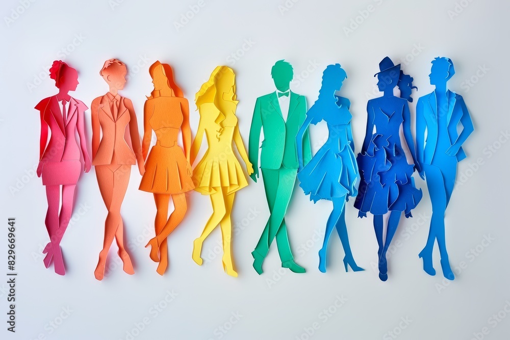 Obraz premium Colorful paper cutout human silhouettes in a row, showcasing diversity and vibrant fashion in a rainbow of colors on a white background. pride month concept.