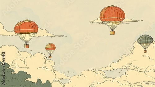 Minimalistic flat design of small parachutes carrying bright, patterned gift boxes through a soft, peachcolored sky with fluffy white clouds photo