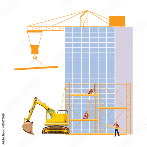 Workers on scaffold at construction site, excavator, crane, and high building in background