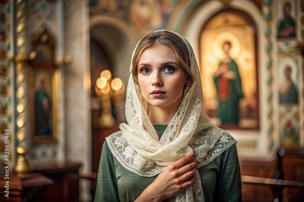 Portrait of a beautiful young woman in a headscarf in an Orthodox church. A girl prays in a church against the background of icons. Portrait of a beautiful young woman in a headscarf in an Orthodox church. A girl prays in a church against the background of icons.