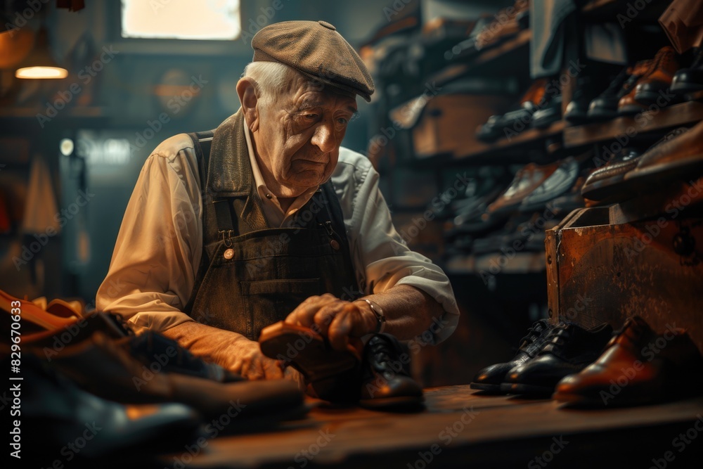 A man working on a shoe in a shoe shop. Suitable for advertising or business concepts A man working on a shoe in a shoe shop. Suitable for advertising or business concepts