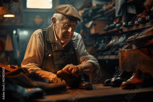A man working on a shoe in a shoe shop. Suitable for advertising or business concepts photo