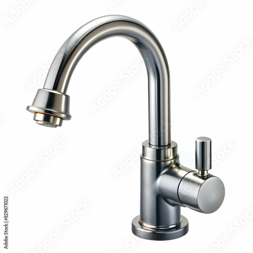 steel faucet on white background. Mixer cold hot water. Modern faucet bathroom. Kitchen tap . Isolated white background. Side view.
