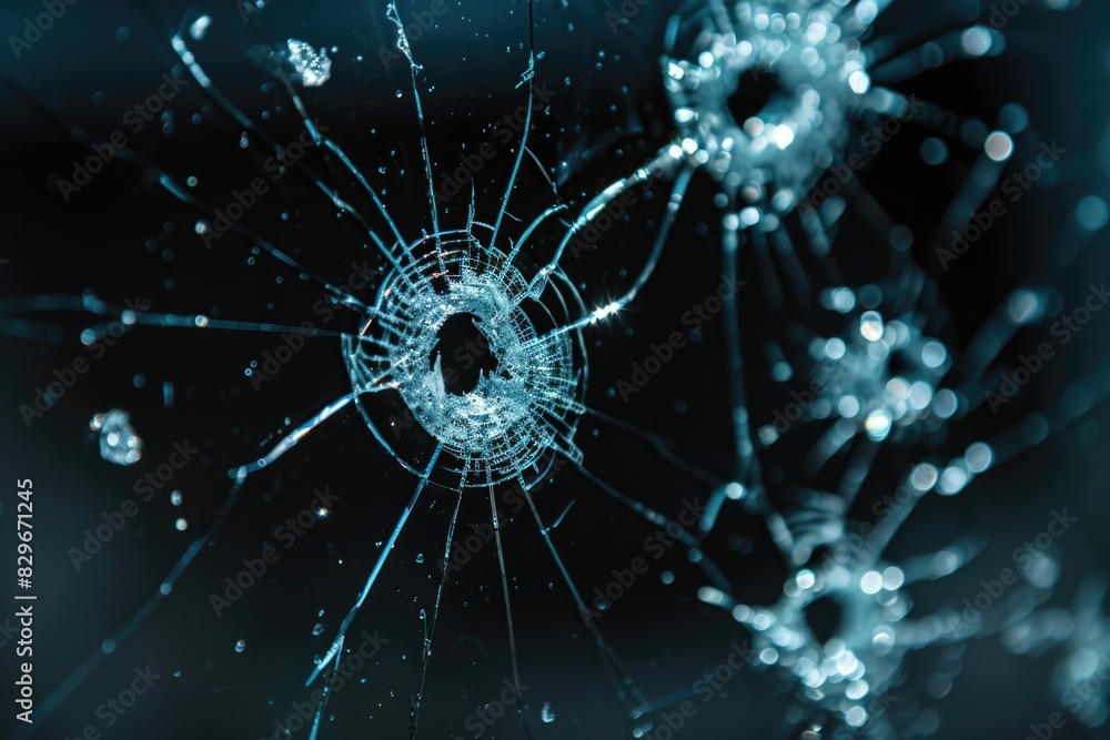 Obraz premium A broken glass window with a hole, suitable for architectural and construction concepts