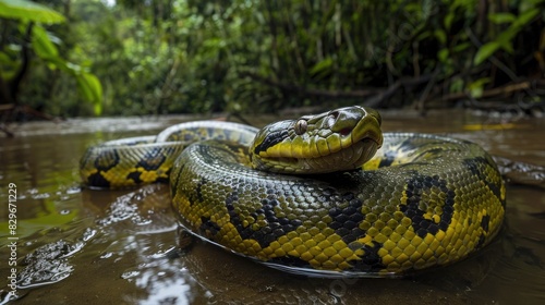 A large snake sitting on top of a river. Suitable for nature and wildlife concepts