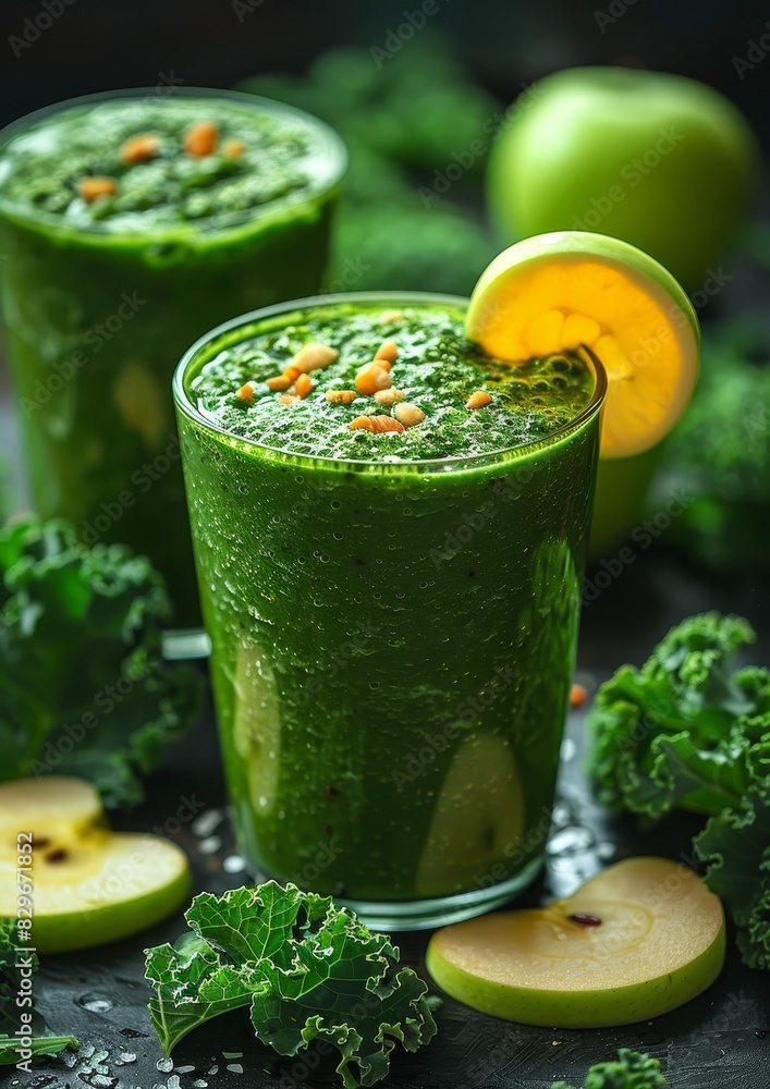 Kale and Apple Smoothie - Rich green color with kale leaves and apple slices as garnish. Kale and Apple Smoothie - Rich green color with kale leaves and apple slices as garnish.