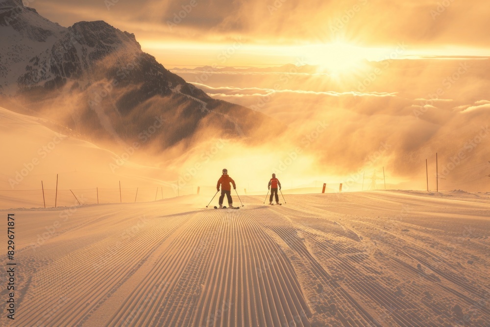 A couple enjoying skiing on a snowy slope. Perfect for winter sports concept A couple enjoying skiing on a snowy slope. Perfect for winter sports concept