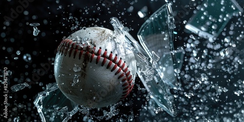 A baseball floating in the water with a broken glass, suitable for sports and environmental themes