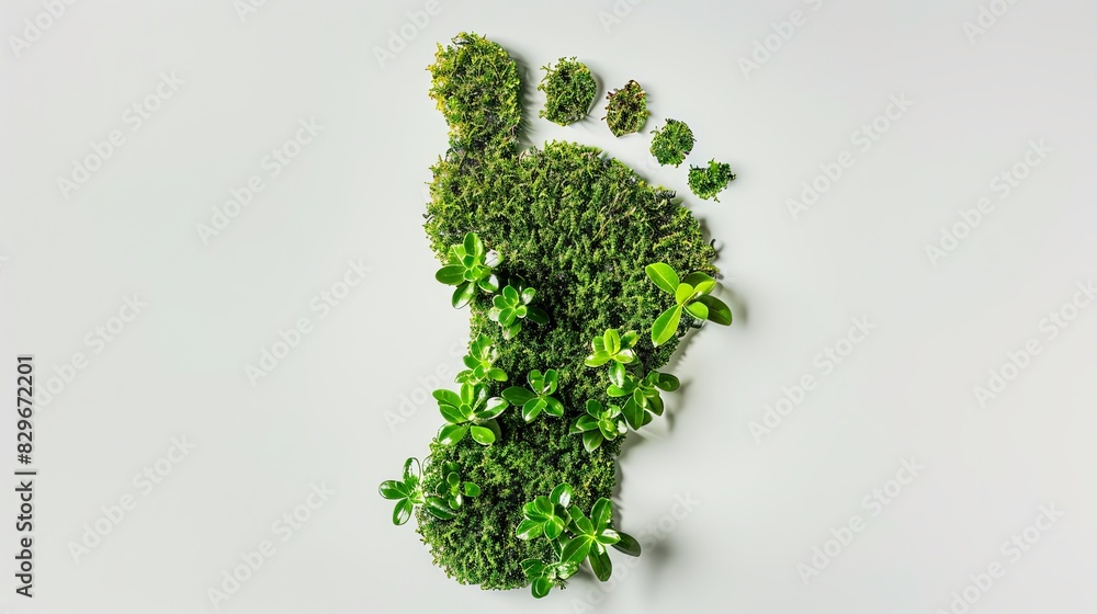 Empreinte de pied en petite plantes et mousse vertes sur fond blanc Empreinte de pied en petite plantes et mousse vertes sur fond blanc