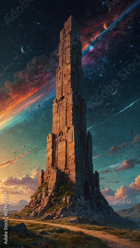 Starry Ruins Ancient Tower Beneath Meteor Shower