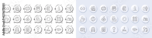 Furniture moving, Search photo and Moving service line icons. White pin 3d buttons, chat bubbles icons. Pack of Sunny weather, Mobile like, Bordeaux glass icon. Vector