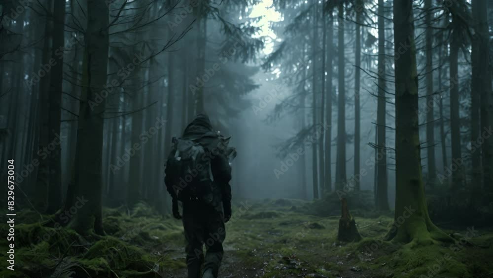 A person stands in a misty forest, backpack on, creating an atmospheric scene A person stands in a misty forest, backpack on, creating an atmospheric scene