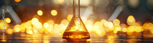 A close-up image of a wide-mouth graduated conical flask, three-quarters full with a clear amber liquid. The background is a blurred out-of-focus warm-tone light pattern. photo