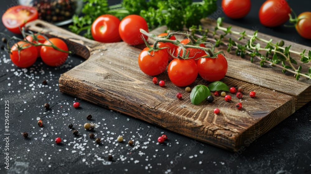 A vibrant display of fresh tomatoes and herbs on a cutting board. Ideal for food blogs or recipe websites A vibrant display of fresh tomatoes and herbs on a cutting board. Ideal for food blogs or recipe websites