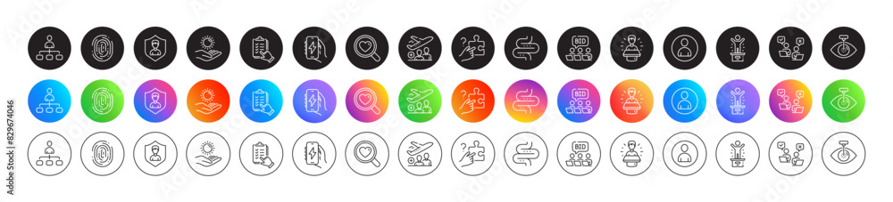 Brand ambassador, Checklist and Intestine line icons. Round icon gradient buttons. Pack of Sun protection, Online voting, Passenger icon. Eye laser, Charging app, Fingerprint pictogram. Vector
