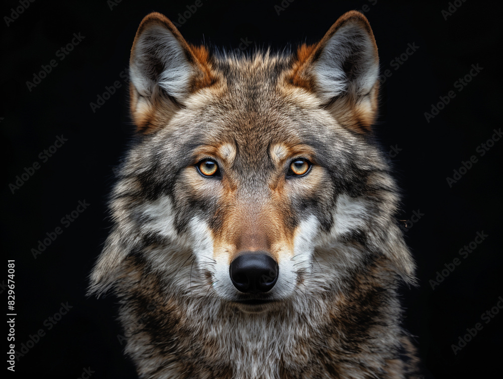 Eye to eye portrait with grey wolf female on black background. Square image Eye to eye portrait with grey wolf female on black background. Square image