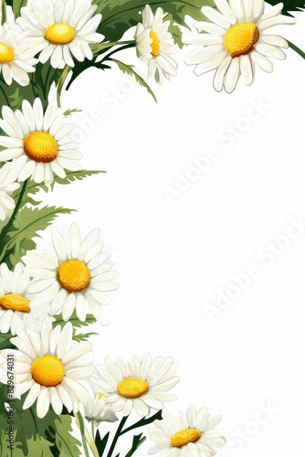 daisy themed frame or border for photos and text. with white petals and yellow centers. watercolor illustration, Perfect for nursery art, simple clipart, single object, white color background.
