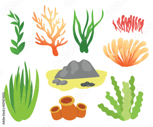 Coral reefs and seaweed colorful. Underwater sea icon set