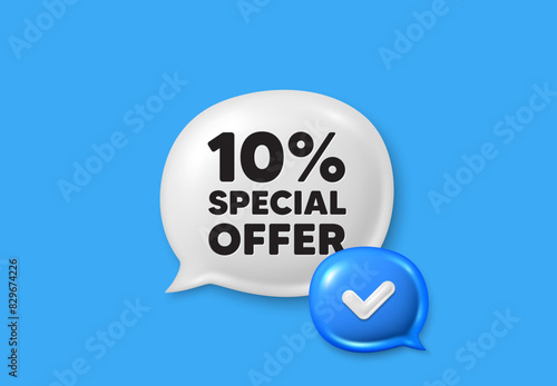 10 percent discount offer tag. Text box speech bubble 3d icons. Sale price promo sign. Special offer symbol. Discount chat offer. Speech bubble banner. Text box balloon. Vector