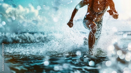 A man running through the water on a surfboard. Suitable for sports and leisure concepts
