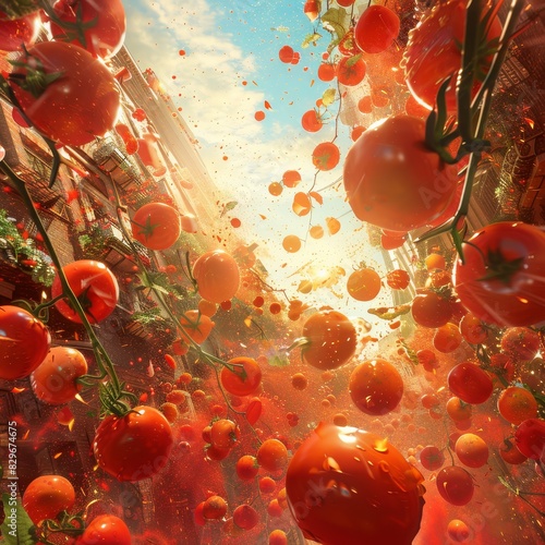 La Tomatina festival with tomatoes in mid-air photo