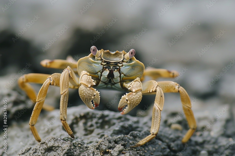 A crab sitting on a rock, suitable for marine themes A crab sitting on a rock, suitable for marine themes