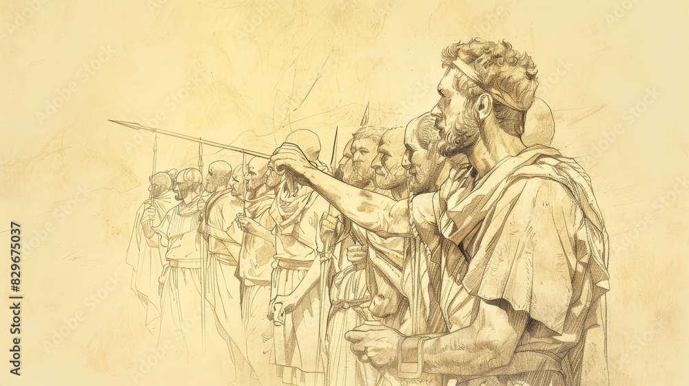 Fototapeta premium Biblical Illustration: Gideon's Victory, Army Selection by Water Drinking, Midianites Defeated, Beige Background, Copyspace