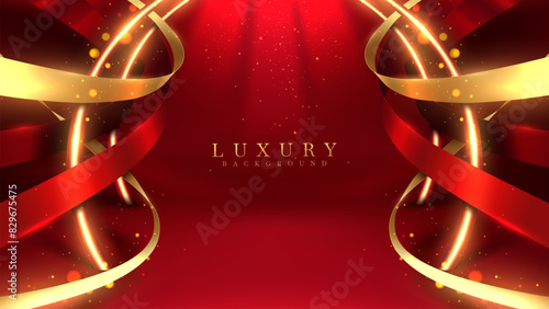 Elegant red and gold luxury background with swirling ribbons and sparkling details, perfect for festive events and upscale branding. Vector illustration.