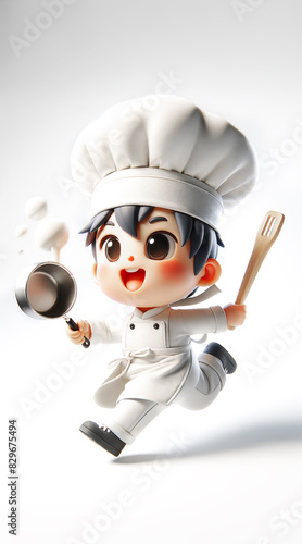 Creative lively cartoon chef character running with a pan and spatula on the white background with copy space. Concept for culinary-themed designs and children's content.