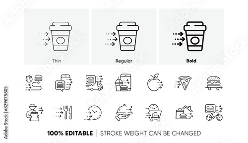 Online order, Eat pizza, Fast grocery service. Food delivery line icons. Home delivery, Burger or cheeseburger, Courier with food outline icons. Smartphone order, Coffee deliver, Apple fruit. Vector