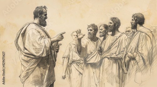 Biblical Illustration: Paul in Athens, Preaching at Areopagus, Philosophers Curious, Beige Background, Copyspace photo