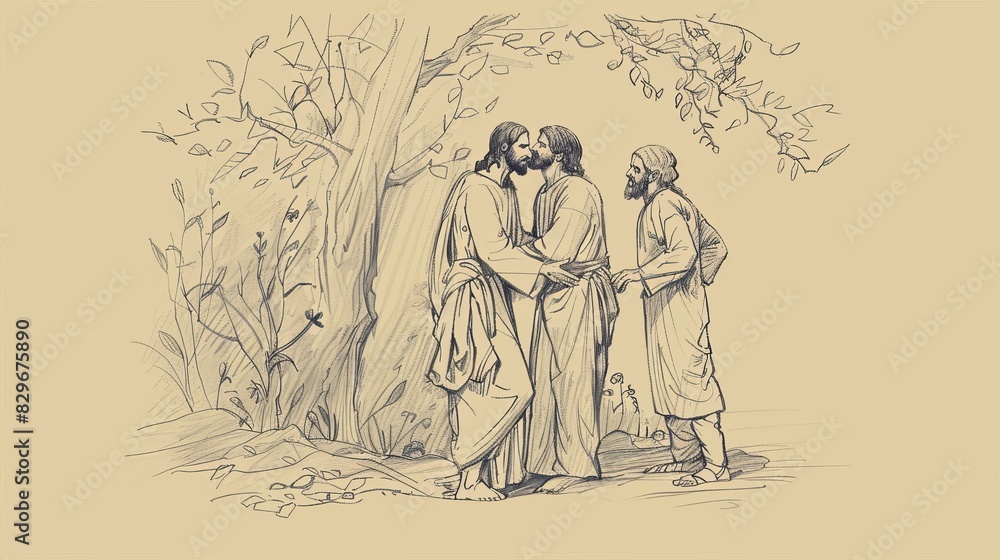 Fototapeta premium Biblical Illustration: Jesus Arrested in Gethsemane, Judas' Kiss, Soldiers Take Him, Beige Background, Copyspace