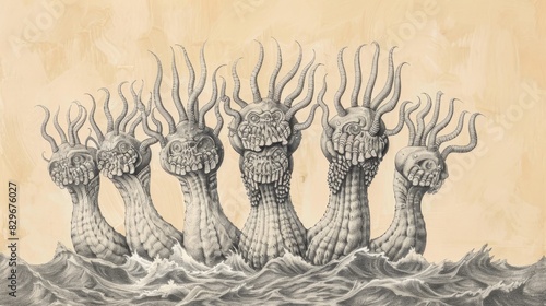 Biblical Illustration: Beast Rising from the Sea, Blasphemous Names, Dragon's Authority, Beige Background, Copyspace photo
