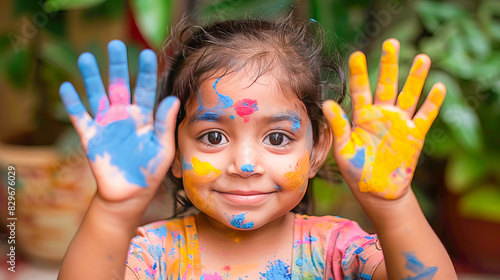 Joyful child celebrating children s day with colorful hands