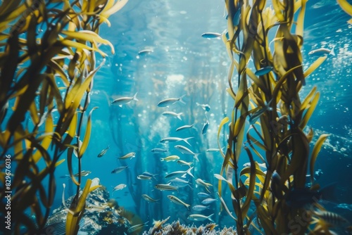 Serene Underwater Seascape with School of Fish Amongst Seaweed