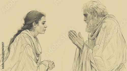 Biblical Illustration: Hannah's Temple Prayer, Eli Observing, Beige Background, Copyspace photo